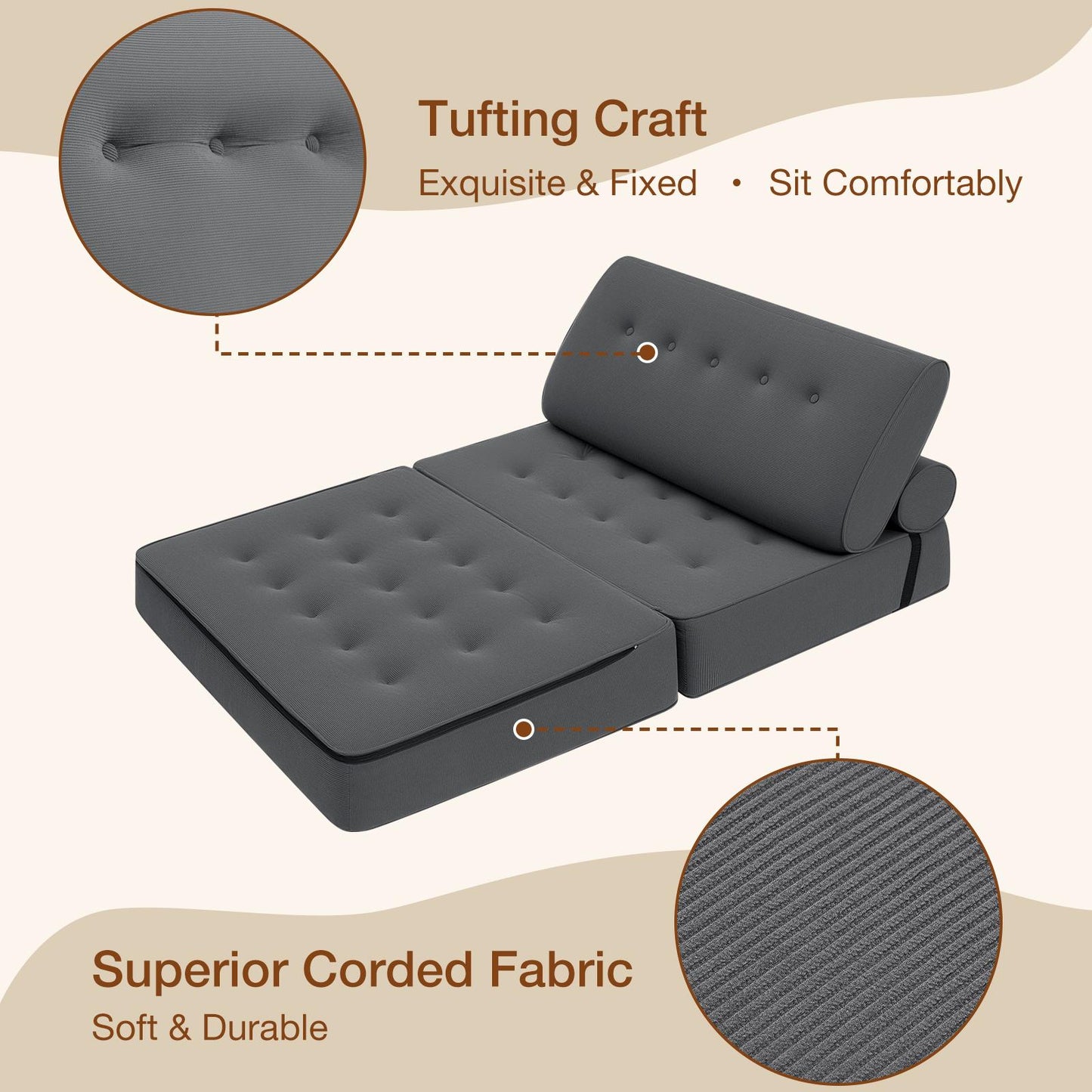 Slaapbank – Bedbank – Opklapbare Bank – Sleeper Sofa – Klapbank – Opvouwbare Slaapbank – Volledig Grijs – 7,1 cm Dikke Spons – Comfortabele Corduroy Bekleding