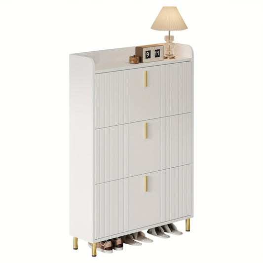 Narrow Space-Saving White Shoe Cabinet with 3-Tier Stops & 6-Compartment Shoe Rack - Adjustable -Standing Entryway Storage Unit with Anti-Tilt Device, Compact Modern Shoe Suitable for Hallway, Apartment, Small