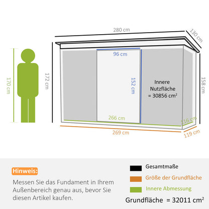 Tuinhuisje – Opbergschuur – Berging – Tuinschuur – Buitenopslag – Metalen Schuur – Schuifdeur – Ventilatieraam – 280x130x172 cm – Stevig Metalen Materiaal