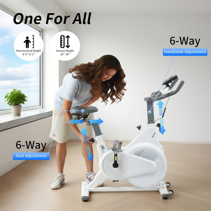 White Stationary Exercise Bike Shock-Absorbing Design PP Pedals + Phone Holder + Standard Seat Heart Rate Monitoring Multi-Function Display Max Load 150kg
