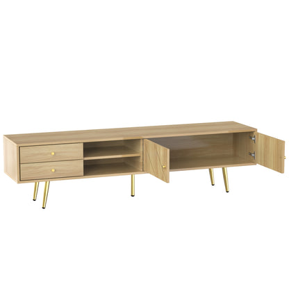 160cm TV Stand with Golden-Tone Metal Legs, 2 Drawers & Unique Door Design - Modern Minimalist Entertainment Center for Living Room, Durable Metal Frame, No Power Needed, Easy Assembly, TV Stand for Living Room, Contemporary