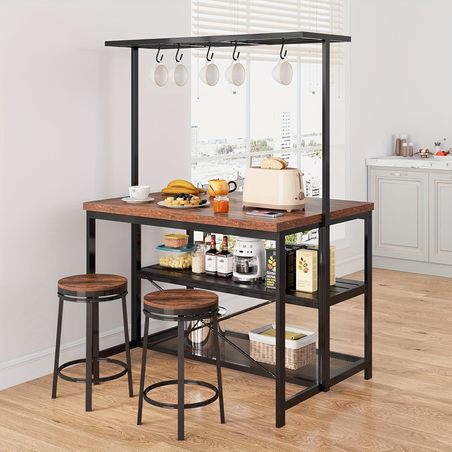 Bakers Rack – Keukenrek – Magnetronstandaard – Opbergrek – Koffiebar – Robuust Metaal – 106 cm Breed – 3-laags Met 5 Haken – Mobiel Met Wieltjes - Bruin