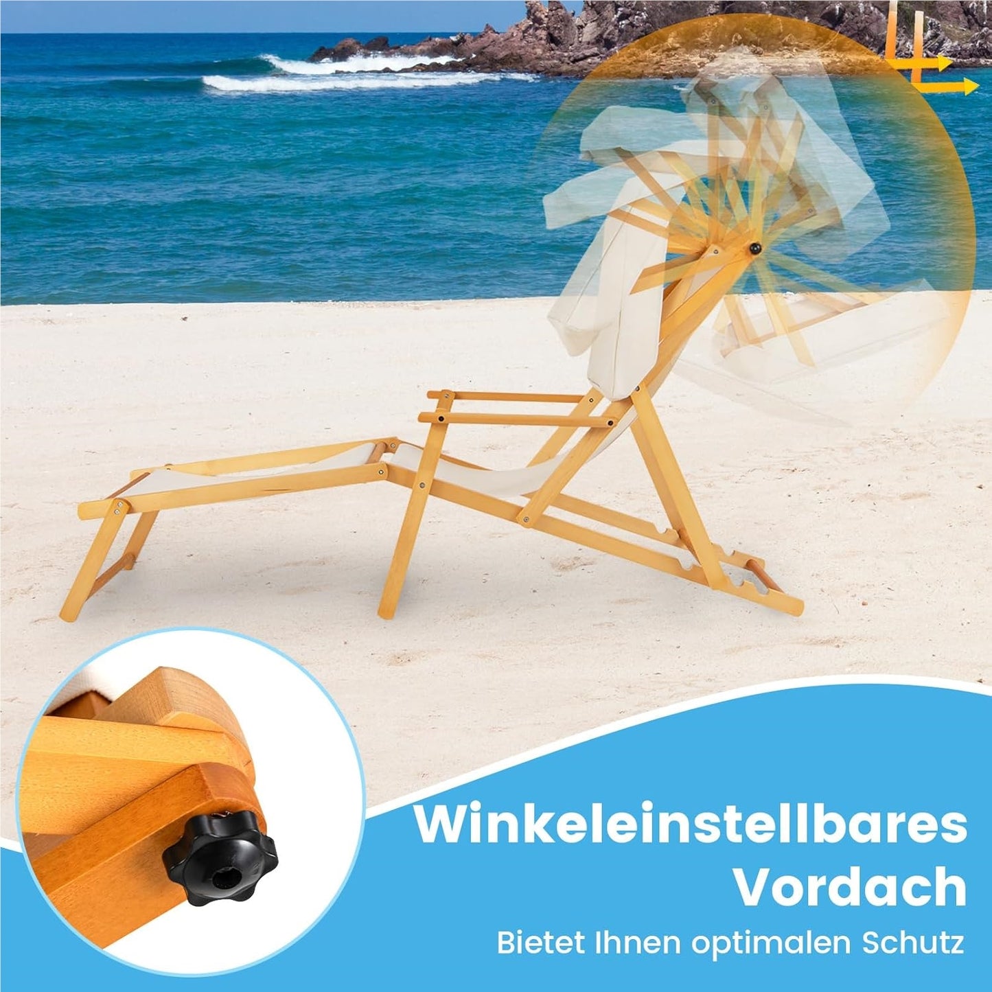 Ligstoel – Tuinstoel – Strandstoel – Zonnenligstoel – Lounger – Inklapbaar – Berkenhout – Verstelbare Rugleuning – Zonnescherm – Inclusief Reserveonderdelen – Beige Natural