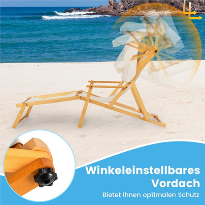 Ligstoel – Tuinstoel – Strandstoel – Zonnenligstoel – Lounger – Inklapbaar – Berkenhout – Verstelbare Rugleuning – Zonnescherm – Inclusief Reserveonderdelen – Beige Natural