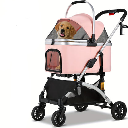 Huisdierwagen – Hondenbuggy – Wandelwagen – Draagmand – Dierenbuggy – Carbonstaal Frame – 3-in-1 Opvouwbaar Silvery Pink
