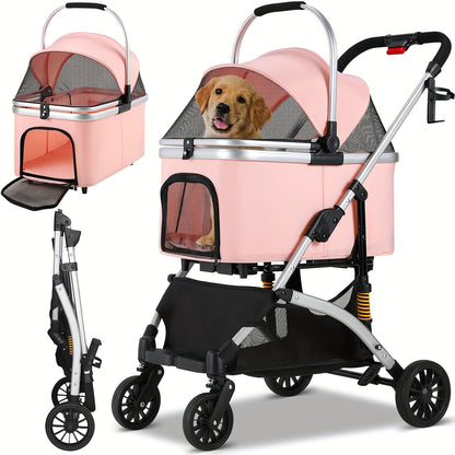 Huisdierwagen – Hondenbuggy – Wandelwagen – Draagmand – Dierenbuggy – Carbonstaal Frame – 3-in-1 Opvouwbaar Silvery Pink
