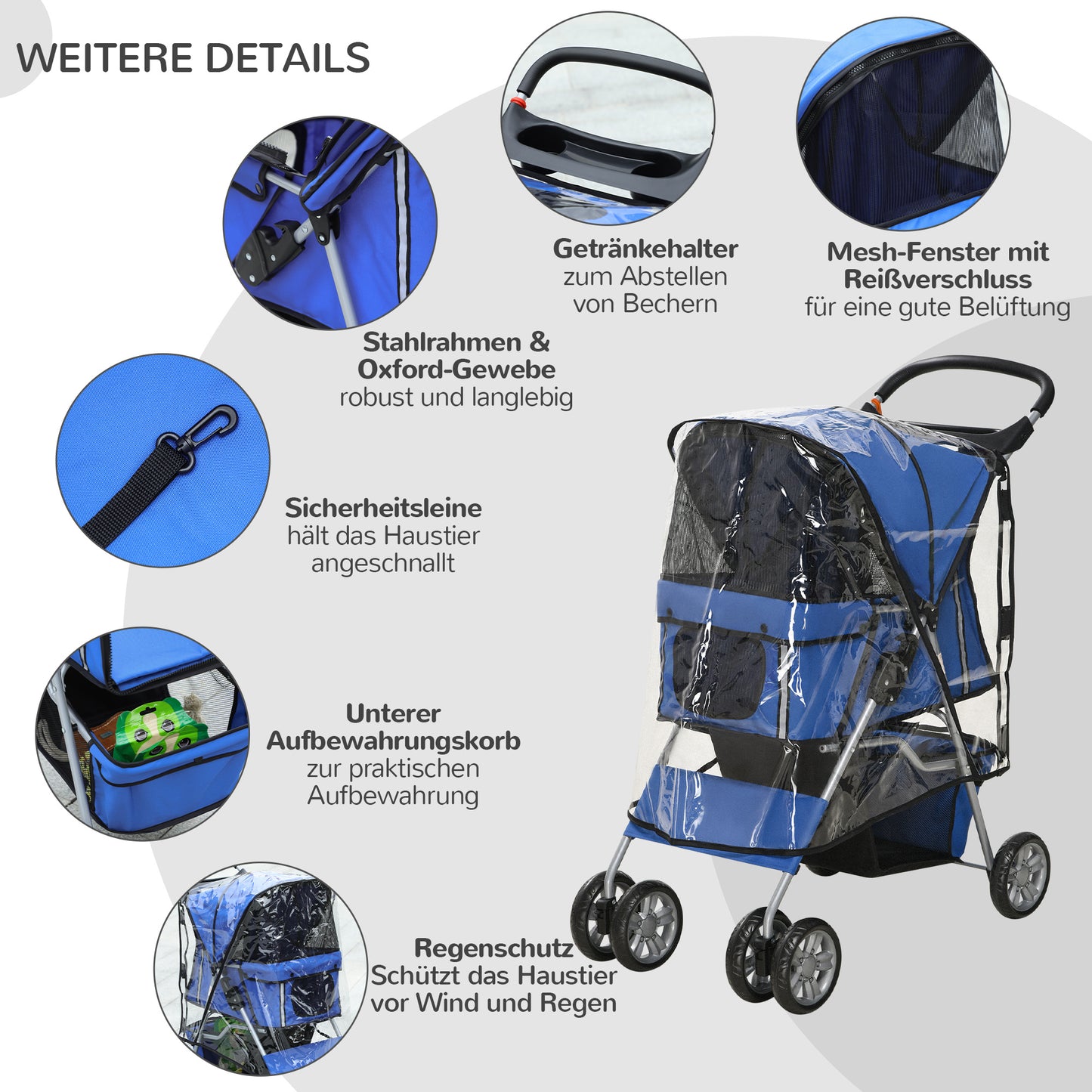 Dog Buggy Dog Cart Up to 10 Kg Foldable Rain Cover Floor Basket 2 Cup Holders 75 Cm X 45 Cm X 97 Cm, Blue