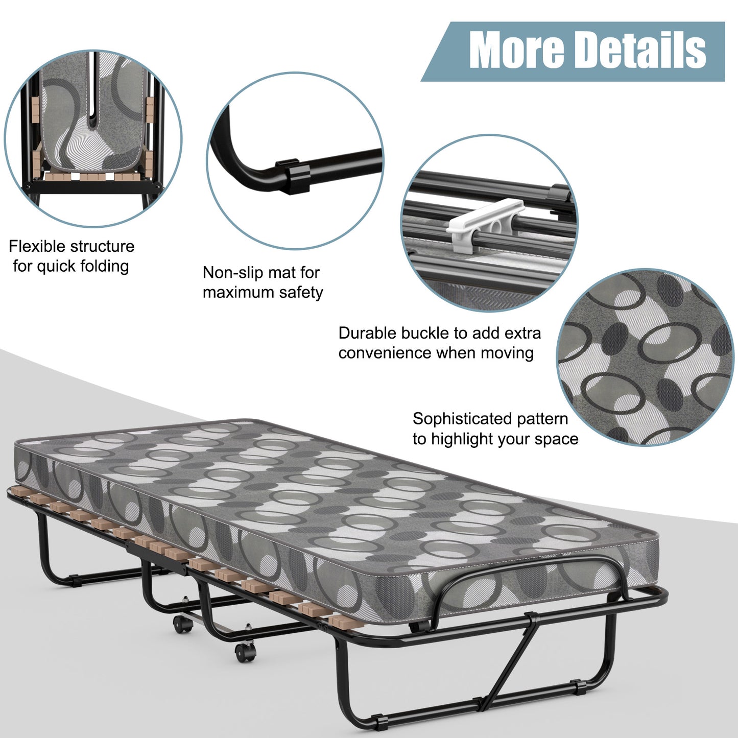 Opvouwbaar Bed – Opklapbed – Logeerbed – Vouwbed – Eenpersoonsbed – Memory Foam Matras 6,5 cm – Draagvermogen 136 kg