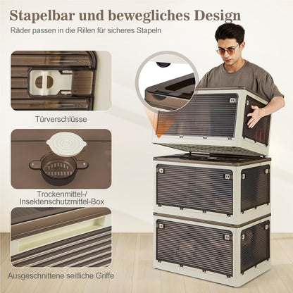Opbergdoos – Opbergbox – Opbergmand – Bewaardoos – Opbergbak – Stapelbaar – Inklapbaar – 3 x 97,5L – Met Wieltjes en Vijf Openingen – Kunststof Wit