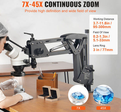 Stereomicroscoop – Loep – Microscoop – Vergrootglas – Inspectielamp – 7x-45x Continue Zoom – 144 LED Ringverlichting – Verstelbare Metaalstandaard – Zwarte Variant