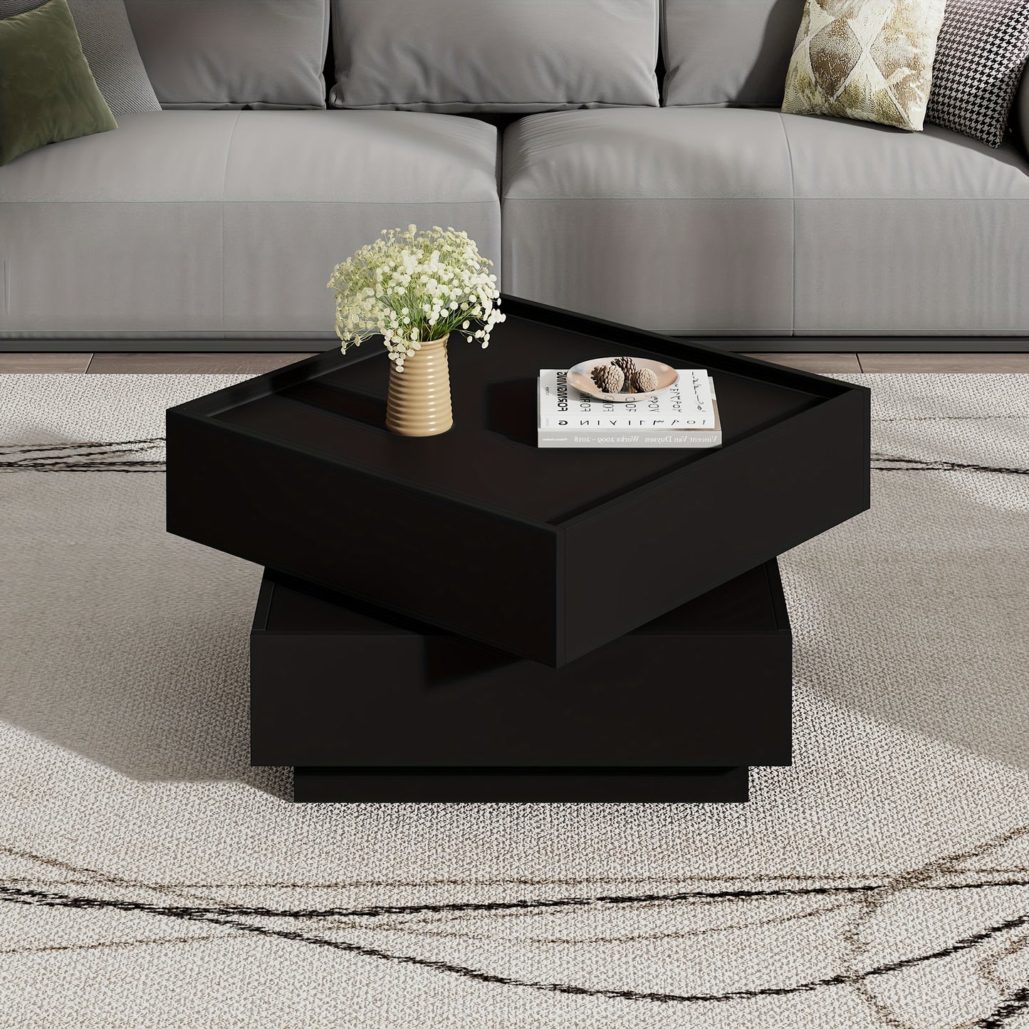 Functional Coffee Table For The Living Room, 360° Swivelling, Swivelling Table Top With 2 Shelves And Storage Space, Black Living Room Side Table Frame, 60*60*38 Cm