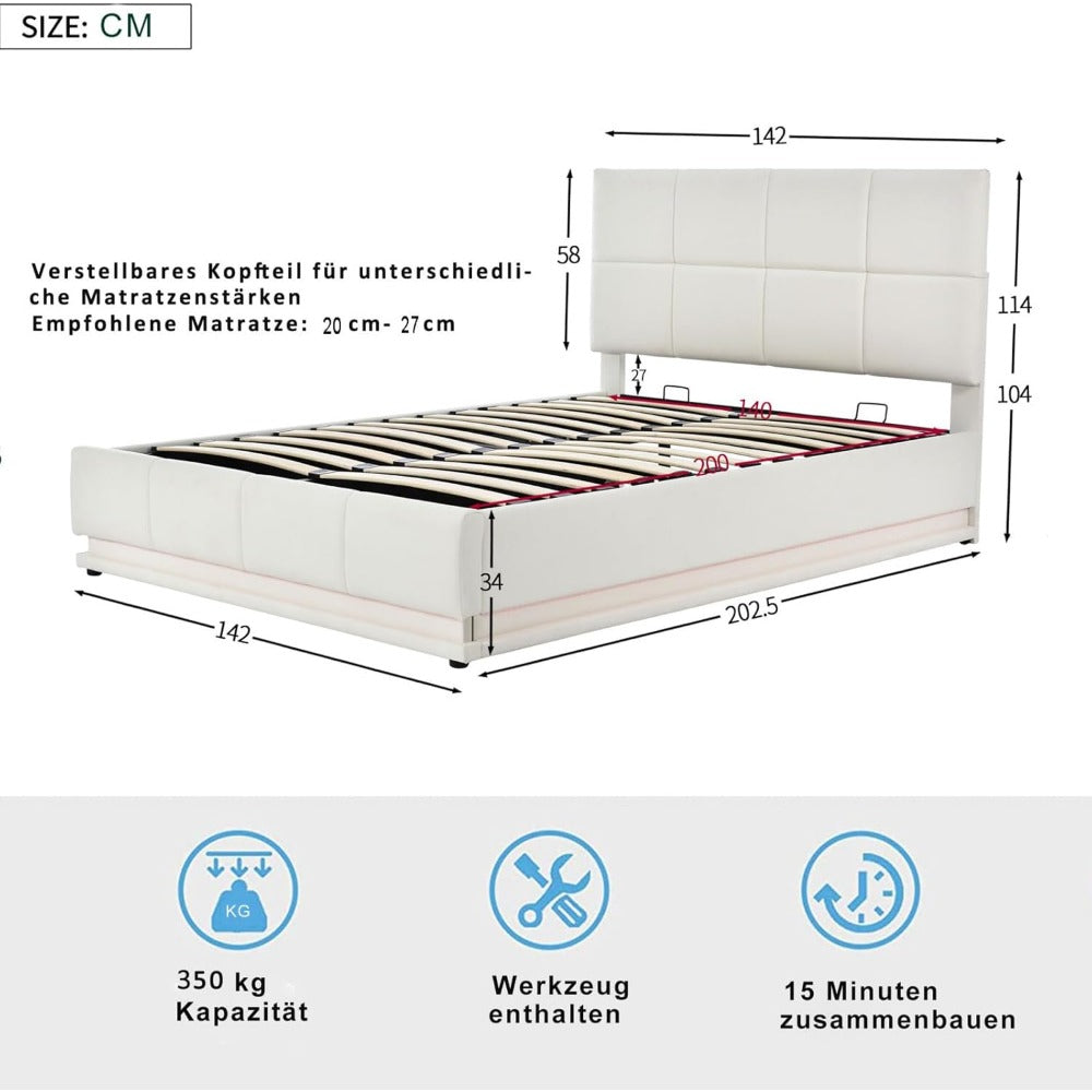 Boxspring Bed – Tweepersoonsbed – Opbergbed – LED Bed – Kunstleer Bed – 140x200 cm – Hydraulisch Opzetmechanisme – 16 Kleuren LED-verlichting