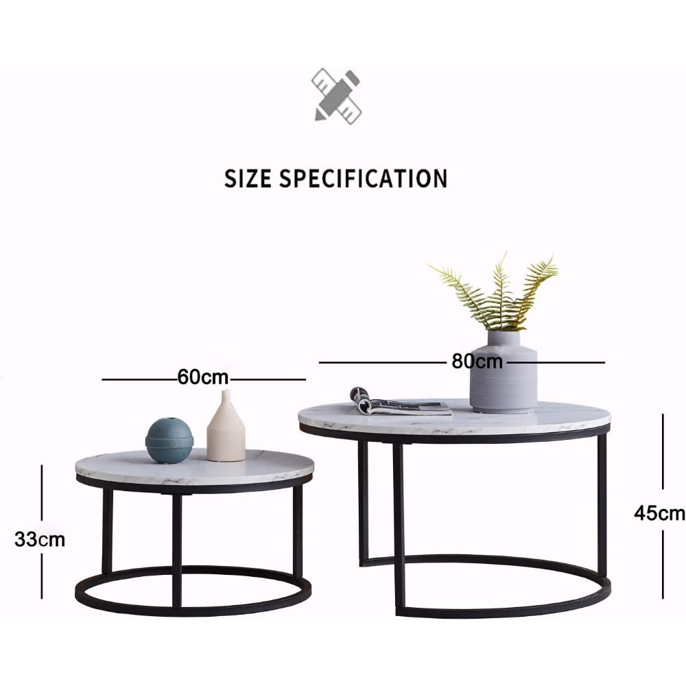 Bijzettafel – Salontafel – Koffietafel – Tafeltje – Stapelbare Tafels – Modern Design – Zwart Metalen Frame – Marmerlook Tafelblad