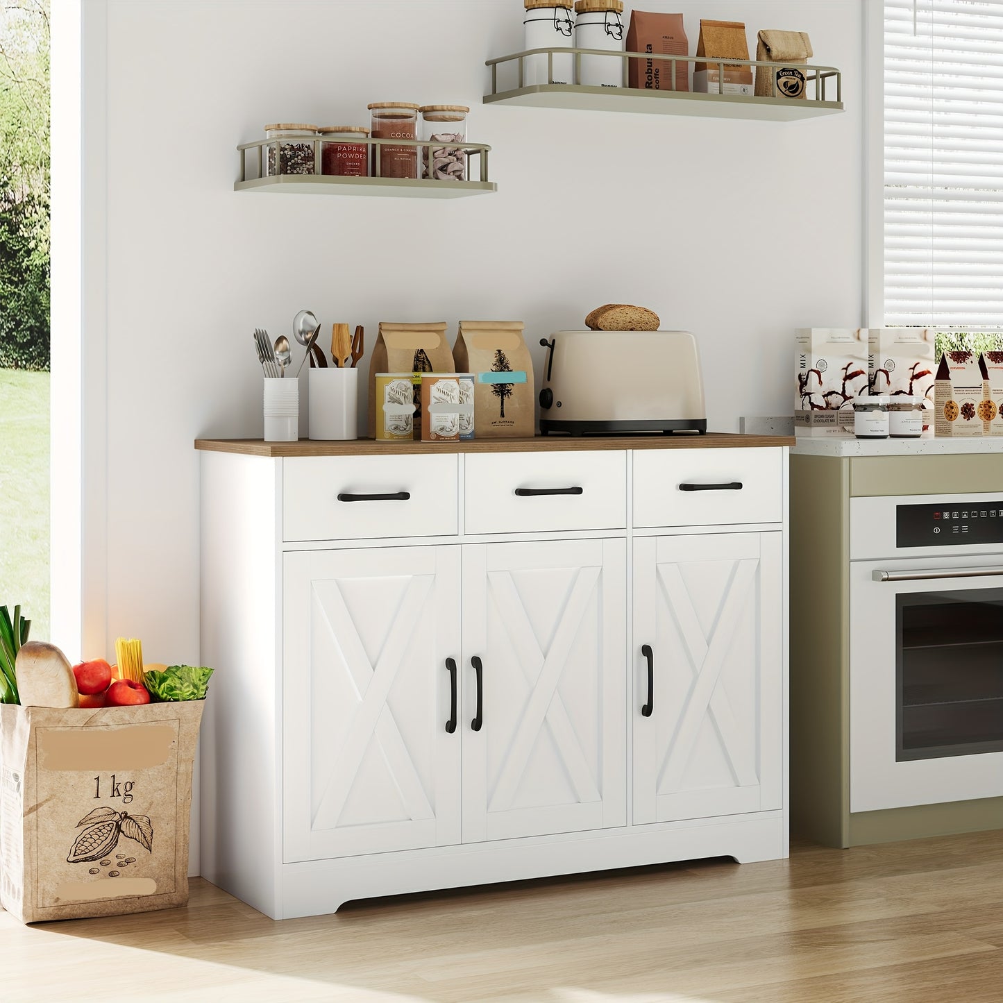 Zijboard – Dressoir – Opbergkast – Buffetkast – Kast – Wit-Bruin – 108x38,5x81 cm – Massief Hout & Verstelbare Planken