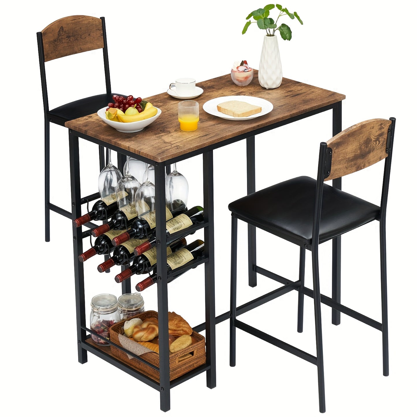 Bartafel Set – Barset – Hoge Eettafel – Bistro Set – Keukentafel Set – Industrieel Design – Inclusief 2 Barkrukken, Wijnrek En Glazenhouder – Compact Voor 2 Personen – Bruin