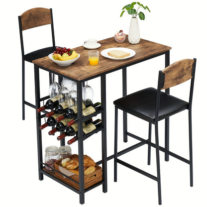 Bartafel Set – Barset – Hoge Eettafel – Bistro Set – Keukentafel Set – Industrieel Design – Inclusief 2 Barkrukken, Wijnrek En Glazenhouder – Compact Voor 2 Personen – Bruin