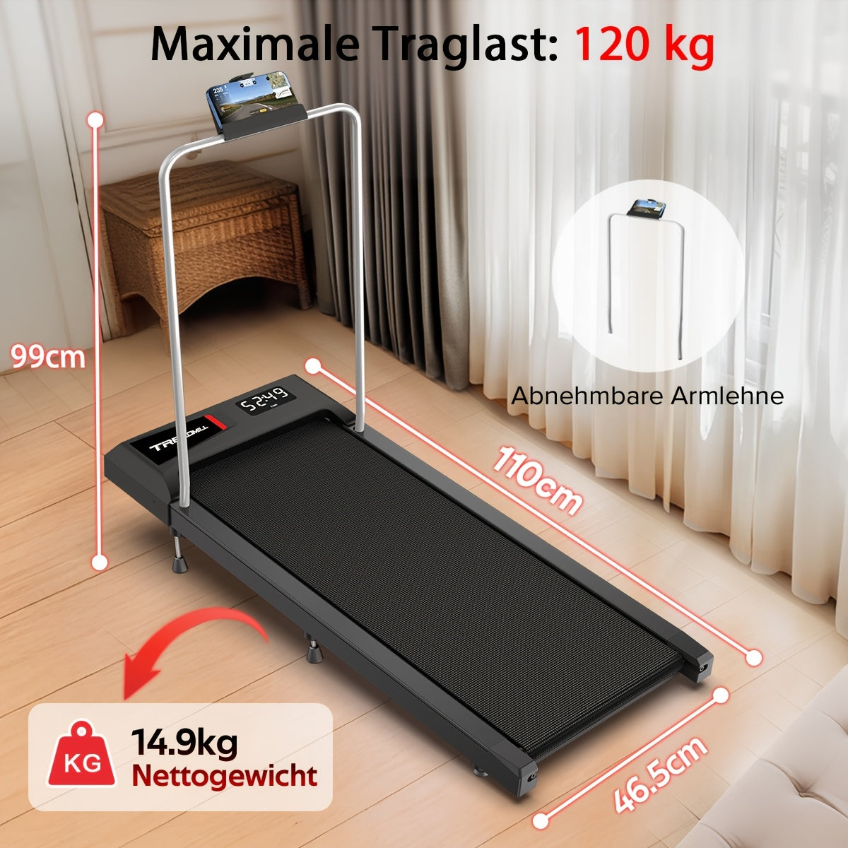 Loopband – Wandelband – Loopmachine – Fitnessband – Walking Pad – Compact Design – 2.5PK Stil Borstelloze Motor – Handgreep Voor Stabiliteit