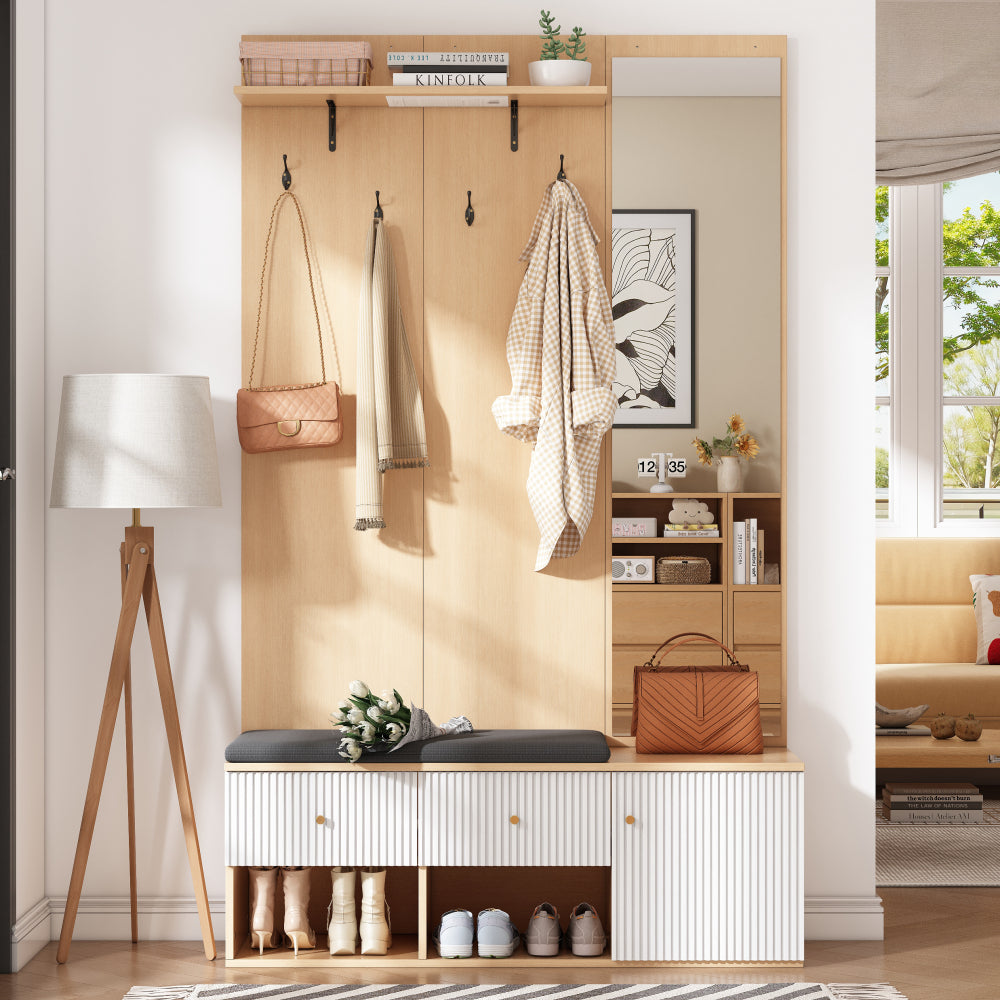 Halmeubel – Kapstok – Schoenenkast – Garderobekast – Schoenenbank – Met Spiegel – Gepolsterde Zitbank – Multifunctioneel Opbergmeubel 120x40x200 cm