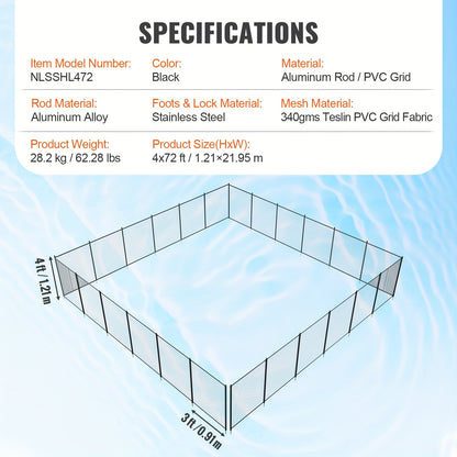 Zwembadhek – Zwembadafsluiting – Pool Fence – Veiligheidshek – Zwembadomheining – Zwart Gecoat Roestvrij Staal – 4x72FT (121,92x2194,56 cm) – Kindveilig & Eenvoudige Installatie