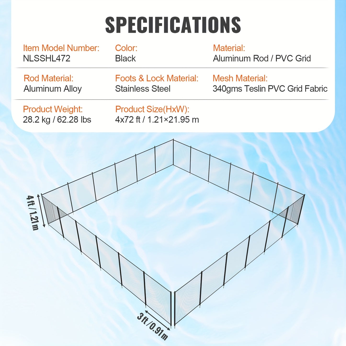 Zwembadhek – Zwembadafscheiding – Zwembadomheining – Pool Fence – Veiligheidshek – 4x72FT Zwart Roestvrijstaal – Duurzaam Materiaal – Eenvoudige Draadtensionering