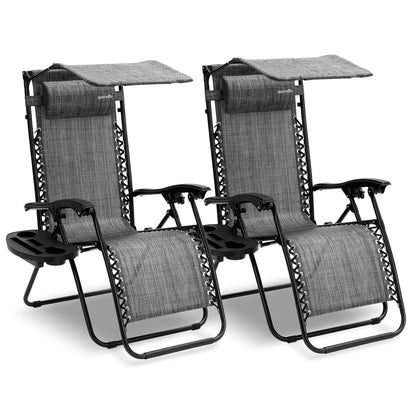 Verstelbare Tuinstoelen – Loungestoelen – Ligstoelen – Tuinfauteuils – Relaxstoelen – Inclusief Afneembaar Zijtafeltje – Verstelbare Zonneklep – Grijs – Inklapbaar – Ademend Stof