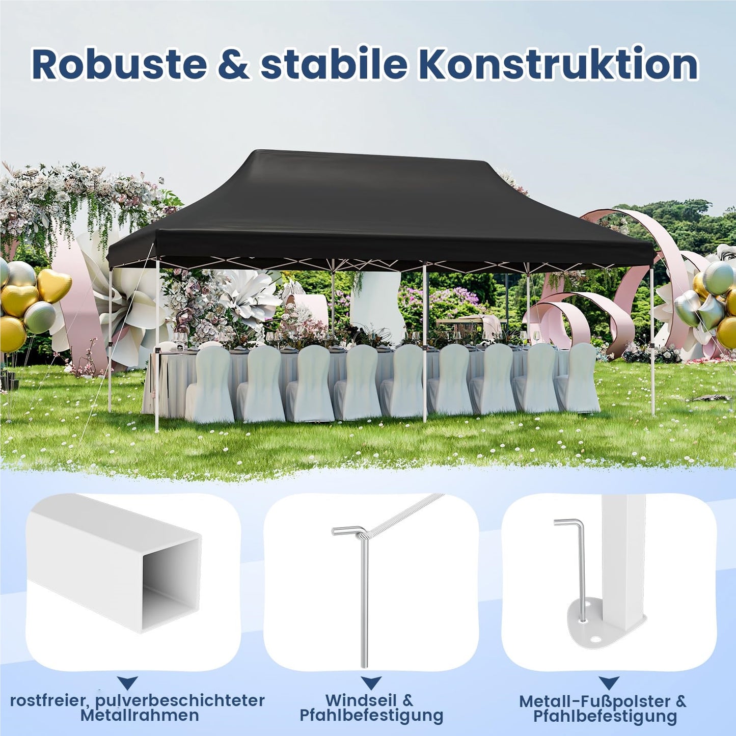 Vouwpaviljoen – Partytent – Tuinkamer – Evenemententent – Tentenhal – 3x6m – Waterbestendig en UV Bescherming 50+ – Hoogte Verstelbaar – Zwart