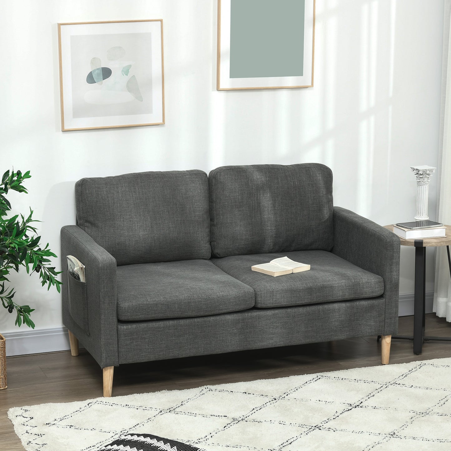 Bankstel – 2-Zitsbank – Zitbank – Sofa – Loveseat – Scandinavisch Design – Grijze Linnenlook Stof – Met Opbergvakjes Armleuningen – Massief Beukenhouten Poten
