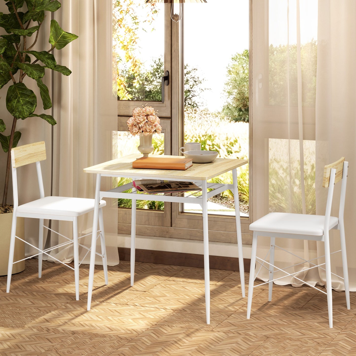 Eettafel – Tafel – Keukentafel – Dinertafel – Zitmeubel – Stalen Frame – 2 Stapelbare Stoelen – Wit en Eikenhout – Compact en Ruimtebesparend