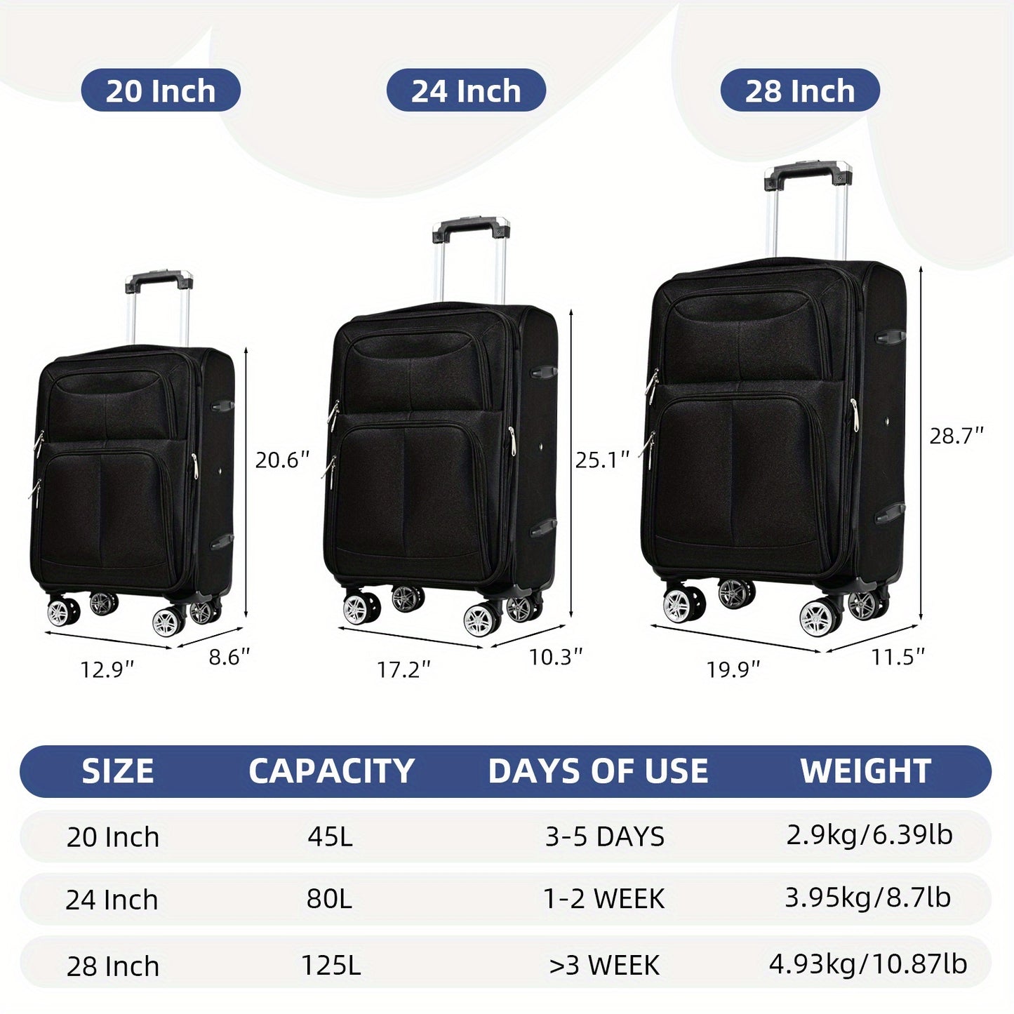 Koffer – Reiskoffer – Trolley – Handbagage – Multi-combinatie – Krasbestendig Oxford-stof – 360° Spinnerwielen – Lichtgewicht – Handbagageformaat