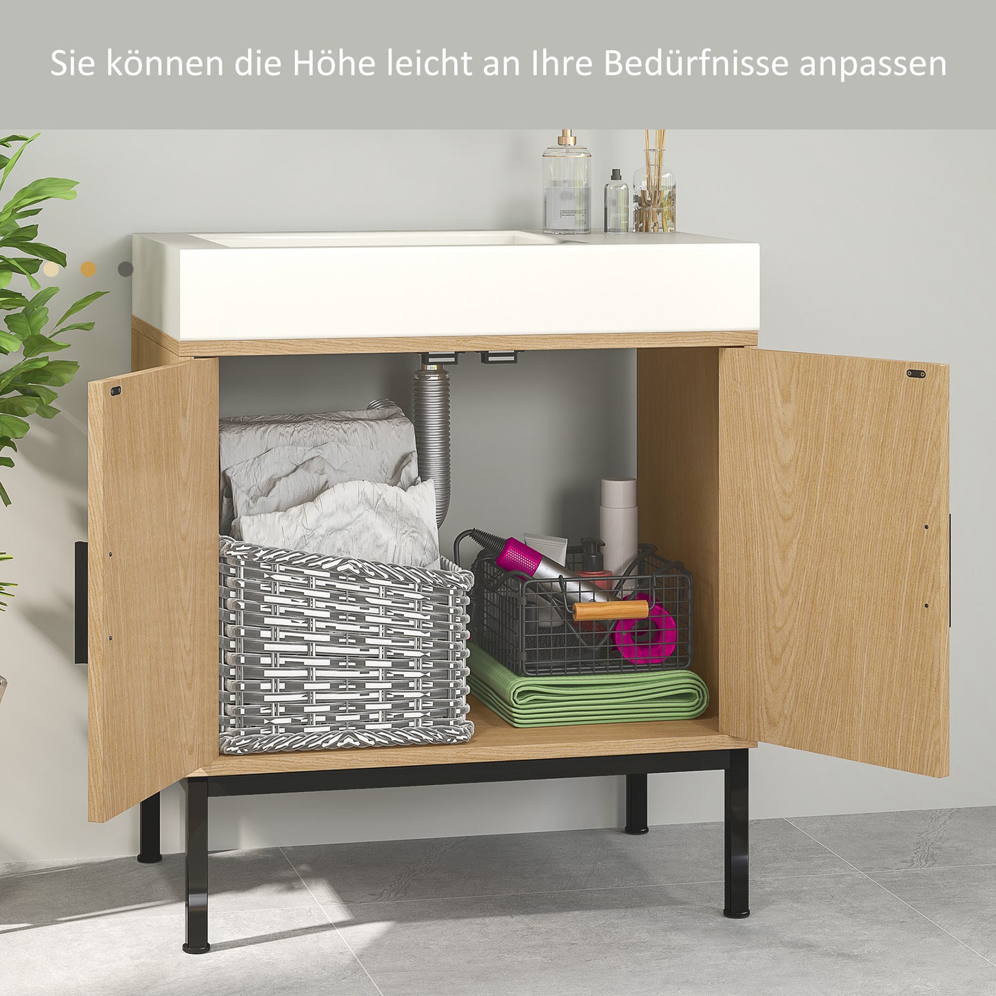 Badkamerkast – Badkamermeubel – Opbergkast – Kolomkast – Wastafelonderkast – Boho Design Met Rattan – U-Vormige Uitsparing – Eikenhoutlook