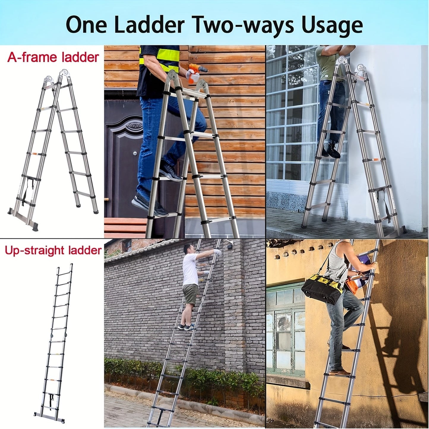 5M Telescopic Straight Ladder A-Frame Stainless Steel Folding Ladder, 16.4FT 2-IN-1 Extension Ladder With Support Bar 149.69KG Max Load For Household Outdoor Work