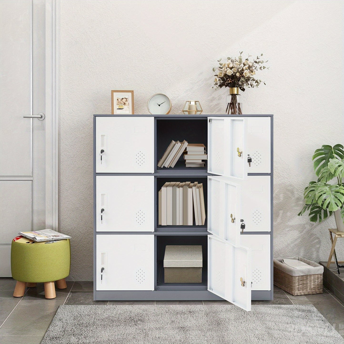 9-Door Heavy-Duty Lockable Metal Storage Cabinet with Card Slots & Key Lock - Modern & Gray Contemporary Floor-Standing Office Cabinet, 9-Slot Organizer for Home Office, School, Business - Easy Assembly, No Electrical Require