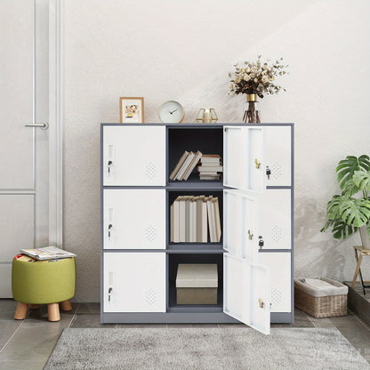 9-Door Heavy-Duty Lockable Metal Storage Cabinet with Card Slots & Key Lock - Modern & Gray Contemporary Floor-Standing Office Cabinet, 9-Slot Organizer for Home Office, School, Business - Easy Assembly, No Electrical Require