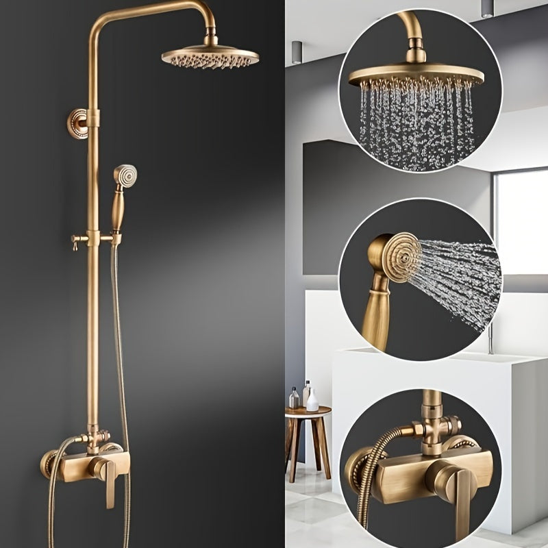Doucheset – Regendouche – Handdouche – Douchekraan – Douchegarnituur – Antiek Messing Goud – Verstelbare Hoogte 70-120 cm – 20 cm Regendouchekop