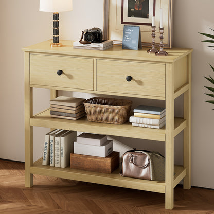 Sidetable – Consoletafel – Haltafel – Wandtafel – Bijzettafel – Natuurlijk Bamboe – Smal Design met 2 Lades en Open Planken – Duurzaam & Eenvoudig te Monteren
