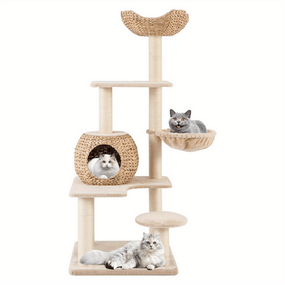 Krabpaal – Kattenboom – Krabmeubel – Kattentoren – Kattenhuis – 4 Niveaus Met Hol, Hangmat & Sisal Krabpalen – Natuurlijk Beukenhout 60x60x150 cm