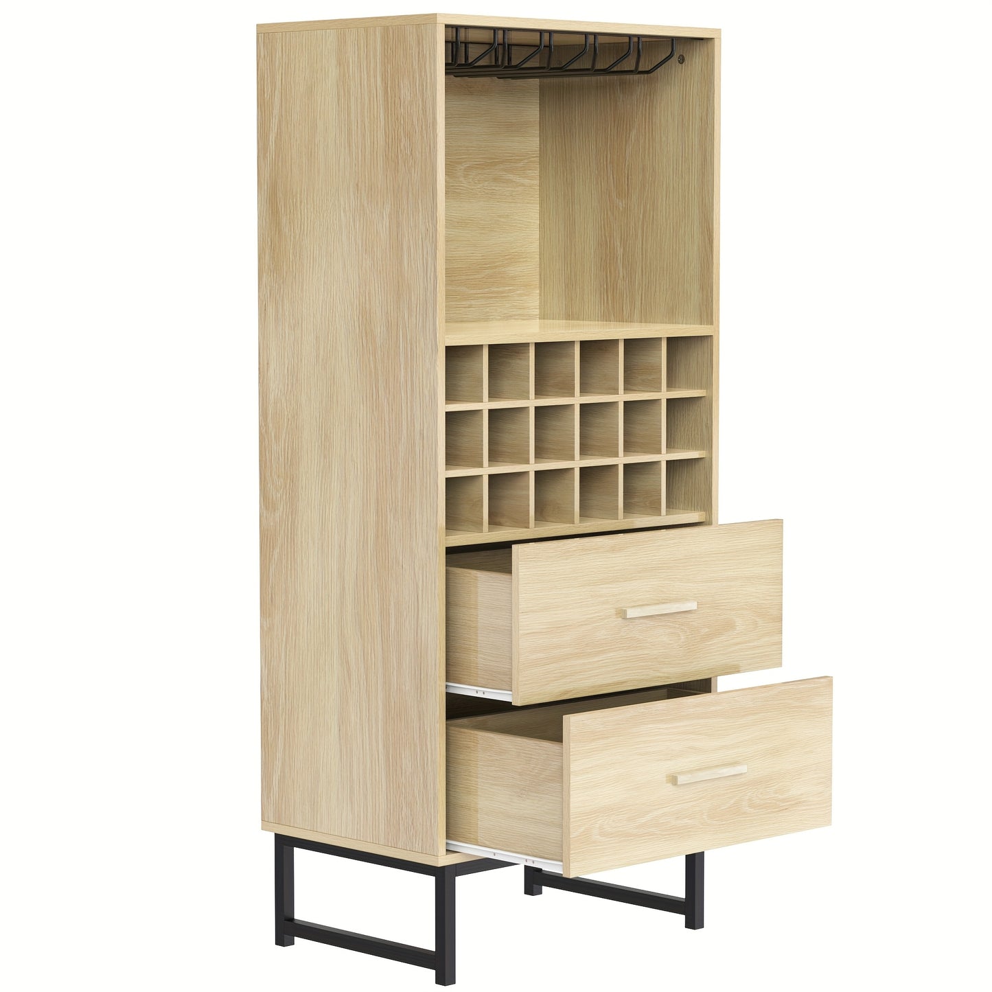 Wijnrek – Wijnkast – Flessenrek – Wijnopslag – Wijnfleshouder – Beige Houten Design – 18 Vakken Met 2 Lades – Matte Zwarte Metalen Pootjes