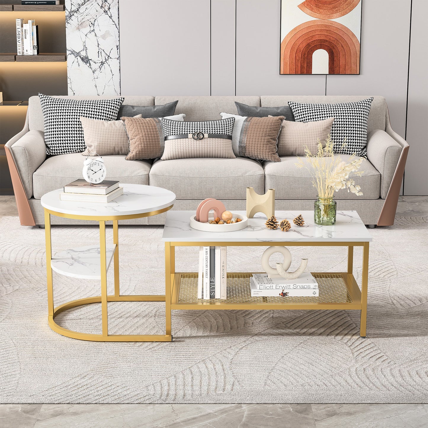 2-in-1 Salontafel Set – Woonkamertafel – Bijzettafel – Koffietafel – Ronde Tafel – Goud Metalen Frame – Kunstmarmeren Blad – Extra Opbergruimte