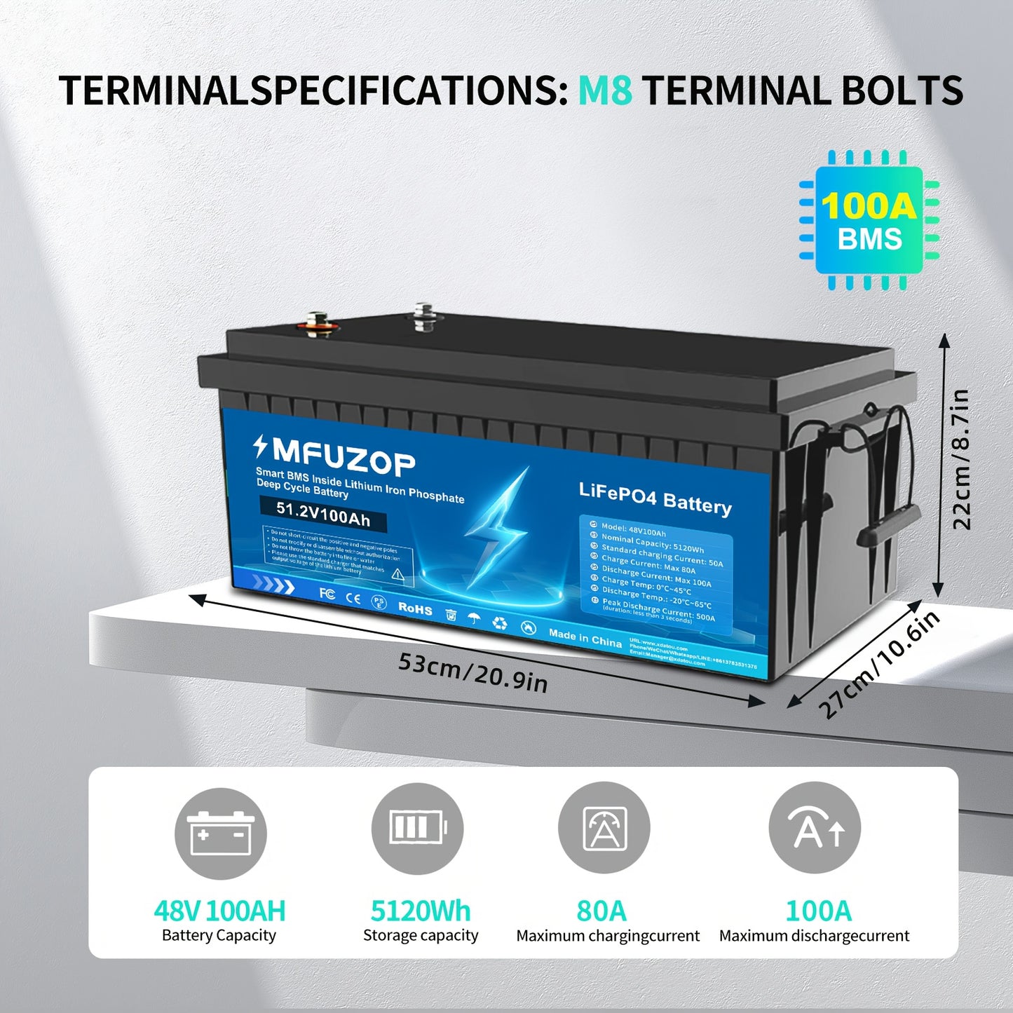 LiFePO4 Accu – Lithium Batterij – Zonne-energie Accu – Camper Accu – Deep Cycle Accu – 48V 100Ah Capaciteit – 15000+ Levensduur Cycli