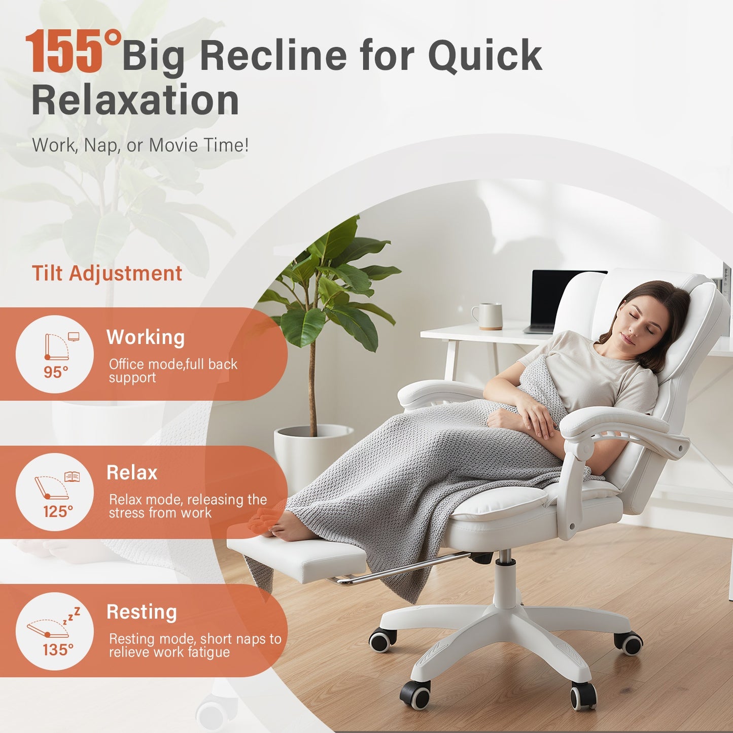 Ergonomische Bureaustoel – Bureaustoel Met Voetensteun – Kantoorstoel – Draaistoel – Gamingstoel – Memory Foam Zitting – Verstelbare Kantelbare Rugleuning – Wit