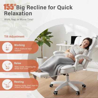 Ergonomische Bureaustoel – Bureaustoel Met Voetensteun – Kantoorstoel – Draaistoel – Gamingstoel – Memory Foam Zitting – Verstelbare Kantelbare Rugleuning – Wit