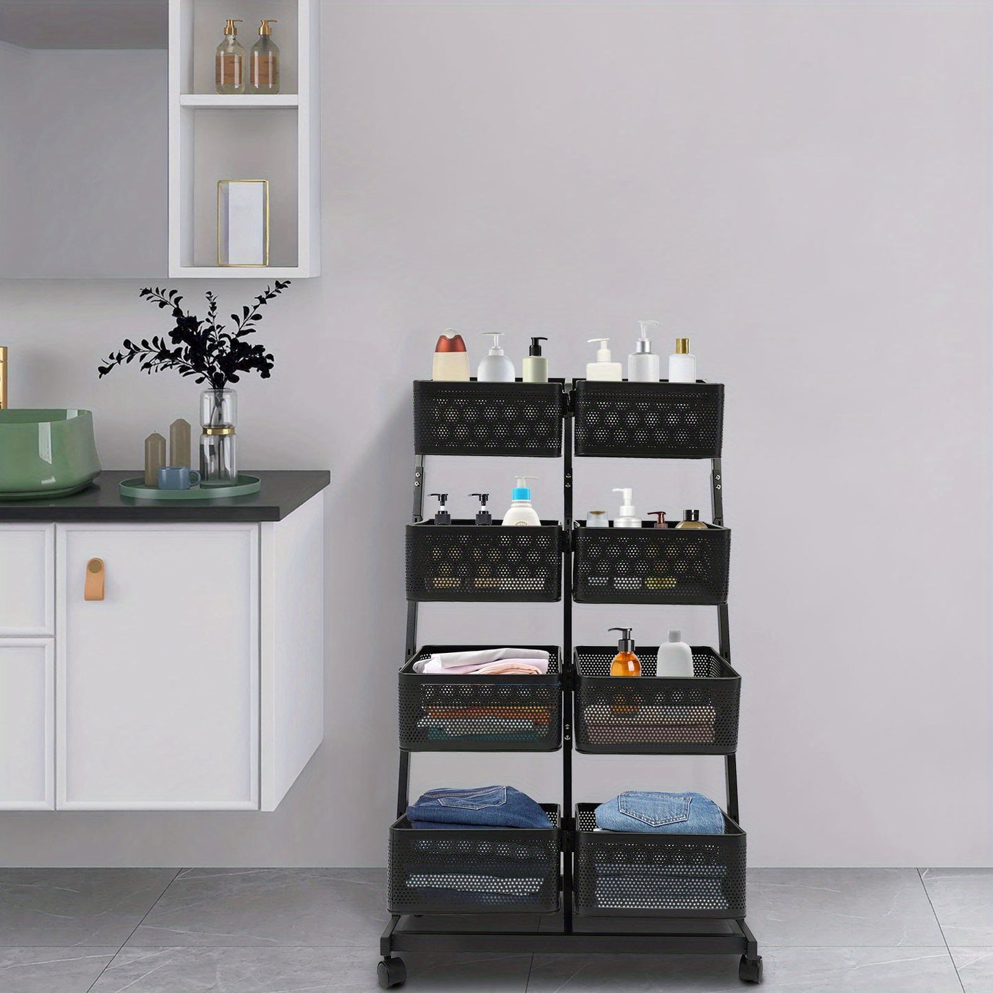 Opbergrekje – Opbergtrolley – Stellingkast – Opbergwagen – Opbergrek – Zwart Metalen Frame – 4 Laags Met 8 Grote Mandjes – Mobiel Met Remmen – Ruimtebesparend Verticaal Design (60x40,5x110 cm)