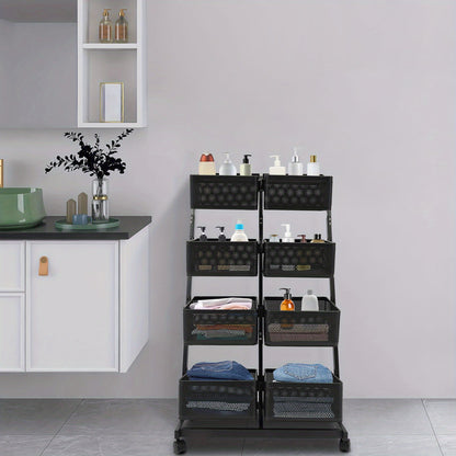 Opbergrekje – Opbergtrolley – Stellingkast – Opbergwagen – Opbergrek – Zwart Metalen Frame – 4 Laags Met 8 Grote Mandjes – Mobiel Met Remmen – Ruimtebesparend Verticaal Design (60x40,5x110 cm)
