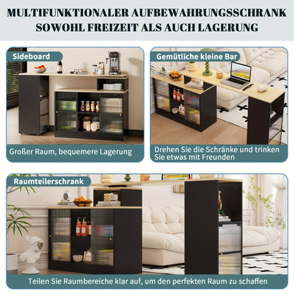 Uitschuifbare Bartafel – Bistrotafel – Hoge Tafel – Bijzettafel – Multifunctionele Tafel – Zwart Rattan Glas – 360° Draaibaar Zonder Tillen – Met Opbergruimte