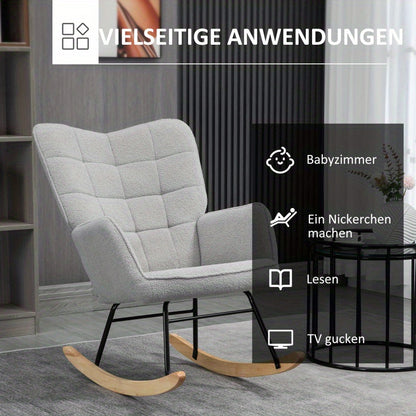 Schommelstoel – Schommelstoel Met Armleuning – Draaistoel – Relaxstoel – Lounge Stoel – Lichtgrijs Berbervlies – Ergonomisch Comfort – Stevig Stalen Frame 120 Kg