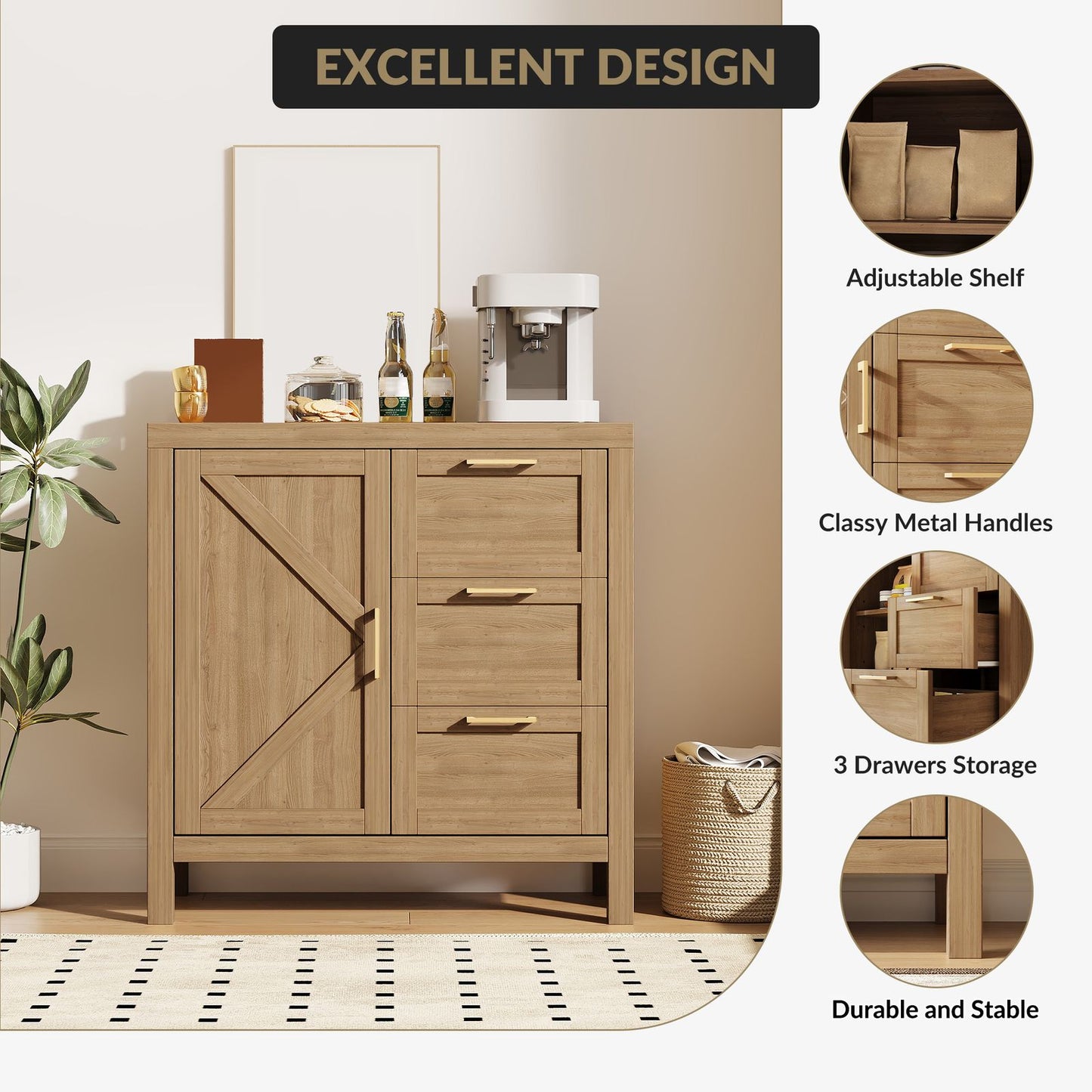 Modern Console Table with 3 Drawers & Adjustable Shelves - Multi-Purpose Storage Cabinet Suitable for Entryway, Living Room, Coffee Bar - Wood -Standing Sideboard with Ample Hidden & Visible Storage, Easy Assembly