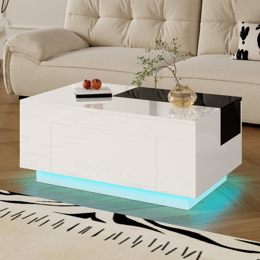 Modern Metal Coffee Table with Retractable Black & White Glossy Top & Hidden Storage - Easy Assembly, Space-Saving Design, Durable Metal Construction for Contemporary Living Room Furniture, Minimalist Center Table for Apartme