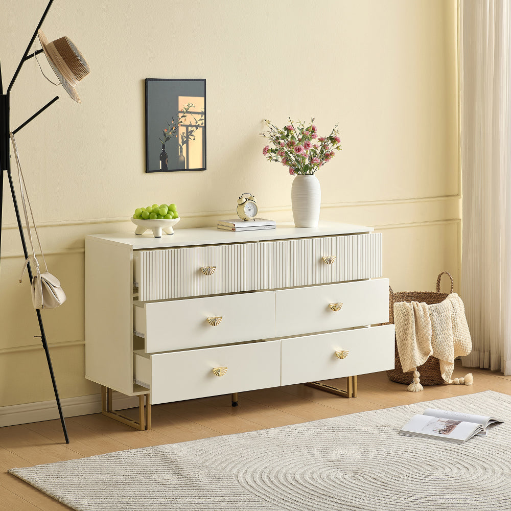 Dressoir – Sideboard – Ladekast – Opbergkast – Commode – Wit met Gouden Accenten – 6 Laden – 120x40x75 cm – Eigentijds Design