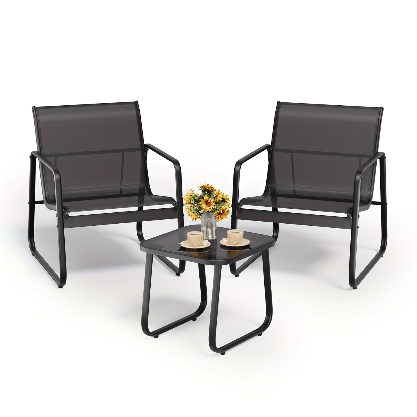3-Delige Tuinset – Bistroset – Balkonset – Tuinmeubelset – Terrasset – Metalen Frame – Glas Tafelblad – Comfortabele Gebogen Rugleuning – Ademend Teslin Bekleding – Zwart