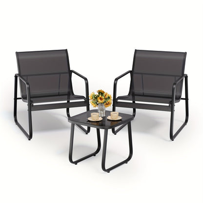 3-Delige Tuinset – Bistroset – Balkonset – Tuinmeubelset – Terrasset – Metalen Frame – Glas Tafelblad – Comfortabele Gebogen Rugleuning – Ademend Teslin Bekleding – Zwart
